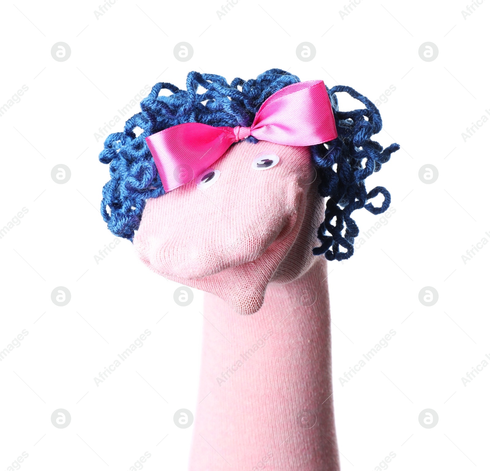 Funny sock puppet with hair isolated on white Photo of Funny sock puppet with hair isolated on white
