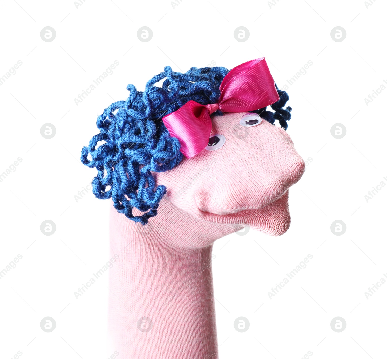 Funny sock puppet with hair isolated on white Photo of Funny sock puppet with hair isolated on white