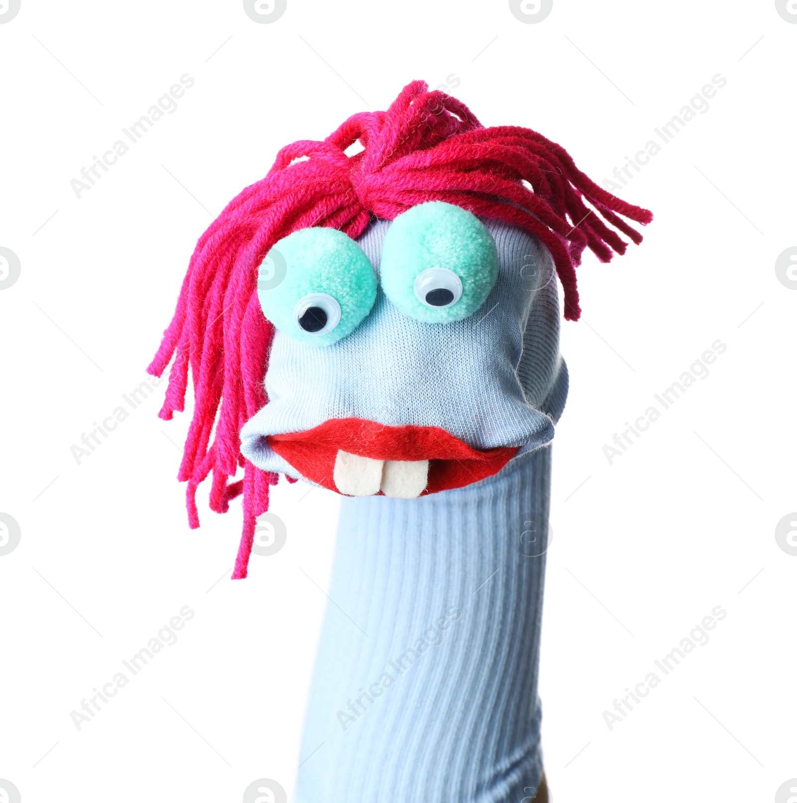 Funny sock puppet with hair isolated on white Photo of Funny sock puppet with hair isolated on white
