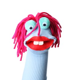 Photo of Funny sock puppet with hair isolated on white