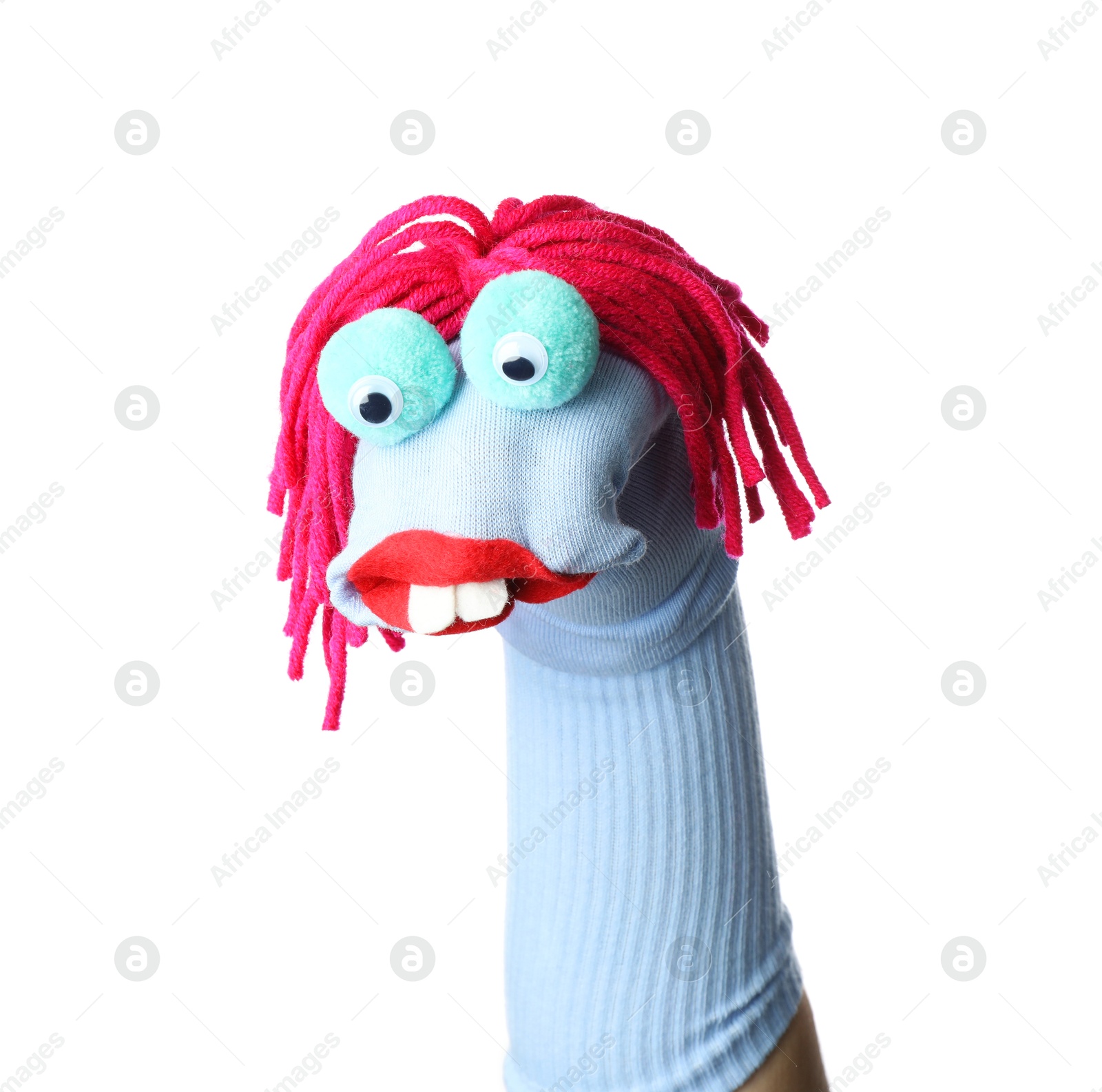 Funny sock puppet with hair isolated on white Photo of Funny sock puppet with hair isolated on white