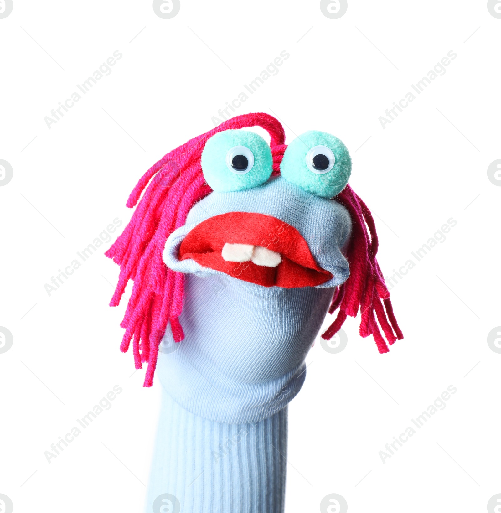 Funny sock puppet with hair isolated on white Photo of Funny sock puppet with hair isolated on white