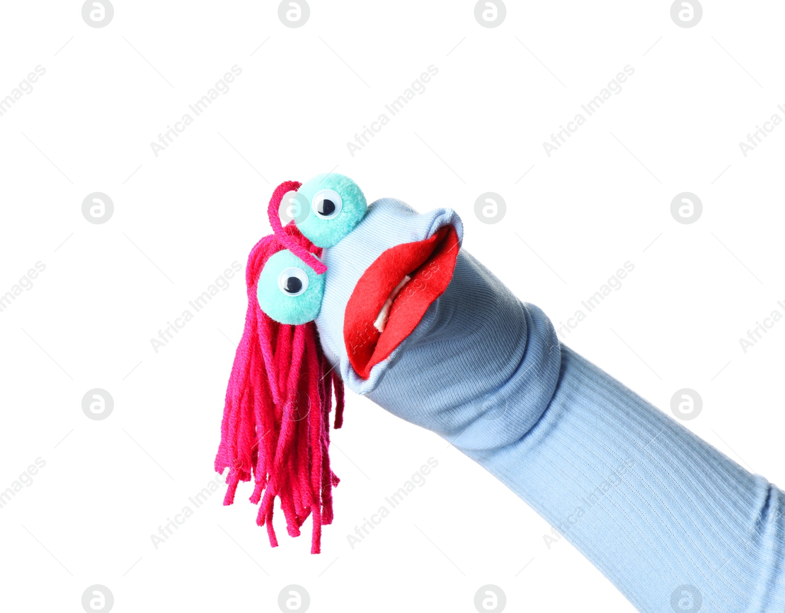 Funny sock puppet with hair isolated on white Photo of Funny sock puppet with hair isolated on white