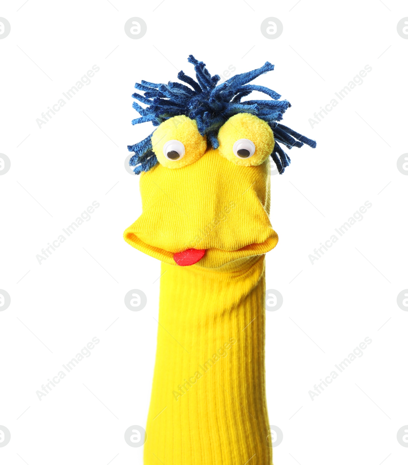 Photo of Funny sock puppet with hair isolated on white