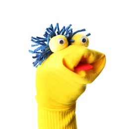 Photo of Funny sock puppet with hair isolated on white