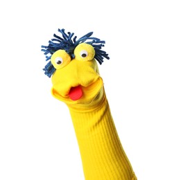 Photo of Funny sock puppet with hair isolated on white