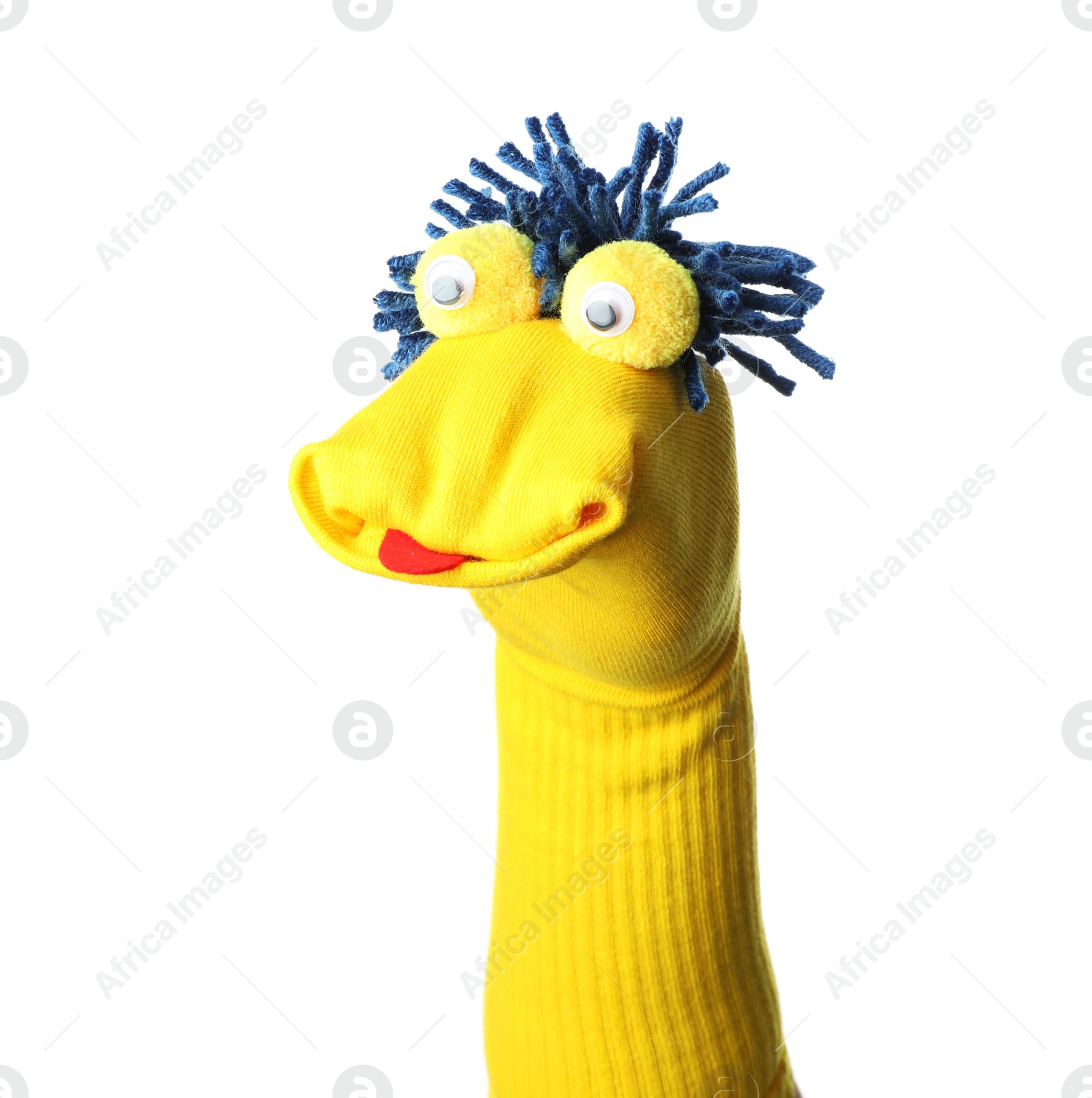 Funny sock puppet with hair isolated on white Photo of Funny sock puppet with hair isolated on white