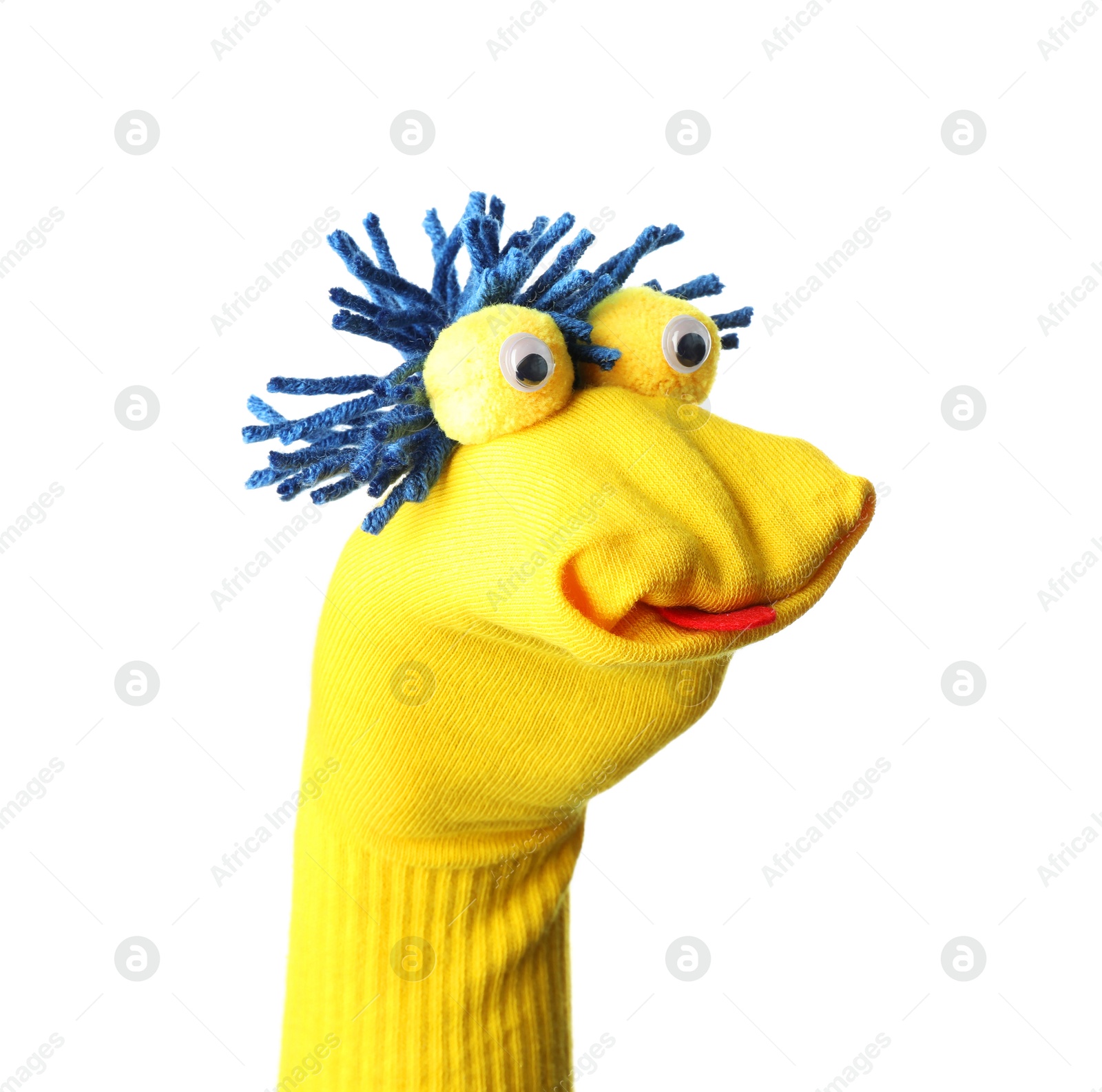 Funny sock puppet with hair isolated on white Photo of Funny sock puppet with hair isolated on white