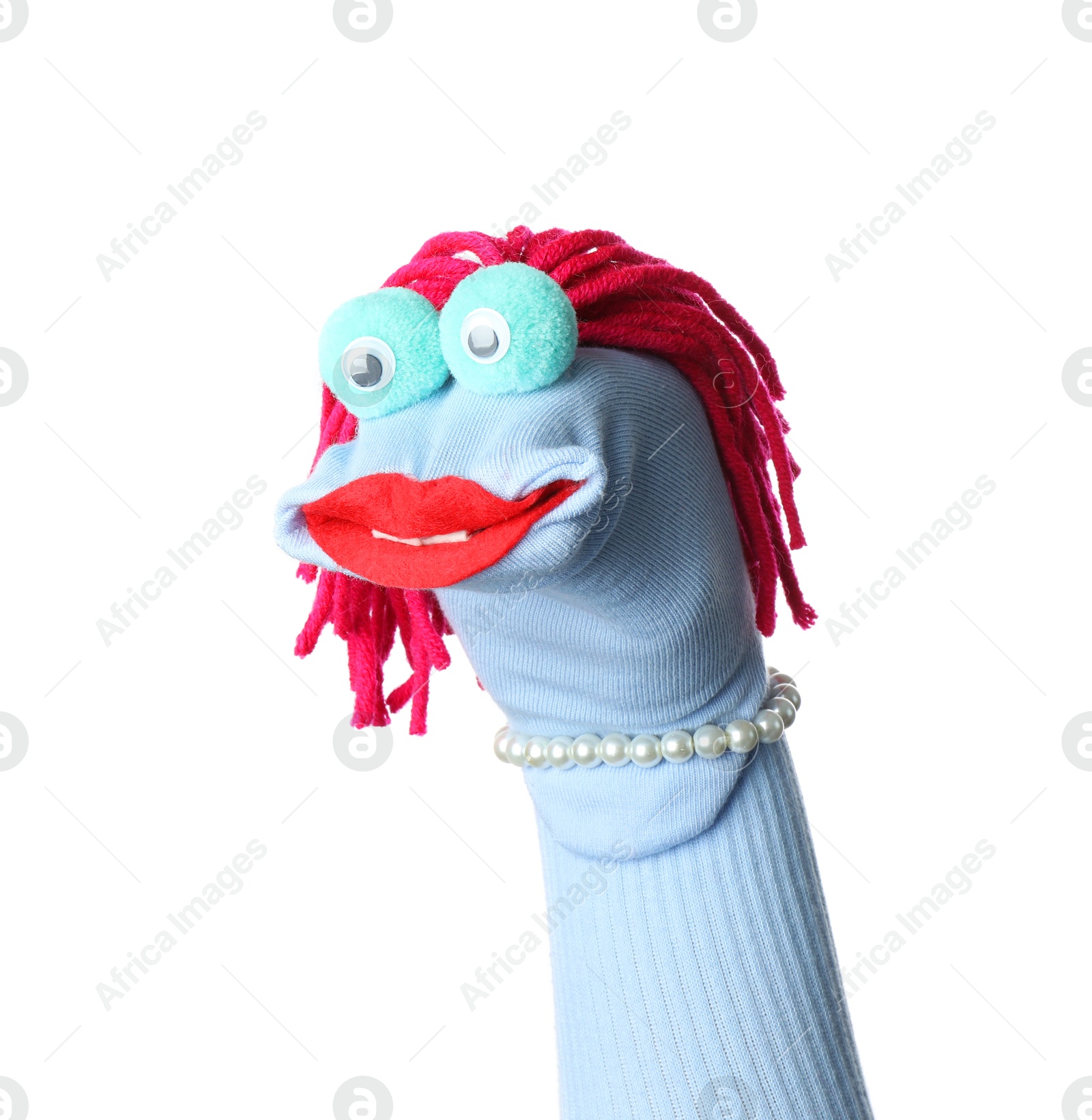 Funny sock puppet with hair isolated on white Photo of Funny sock puppet with hair isolated on white