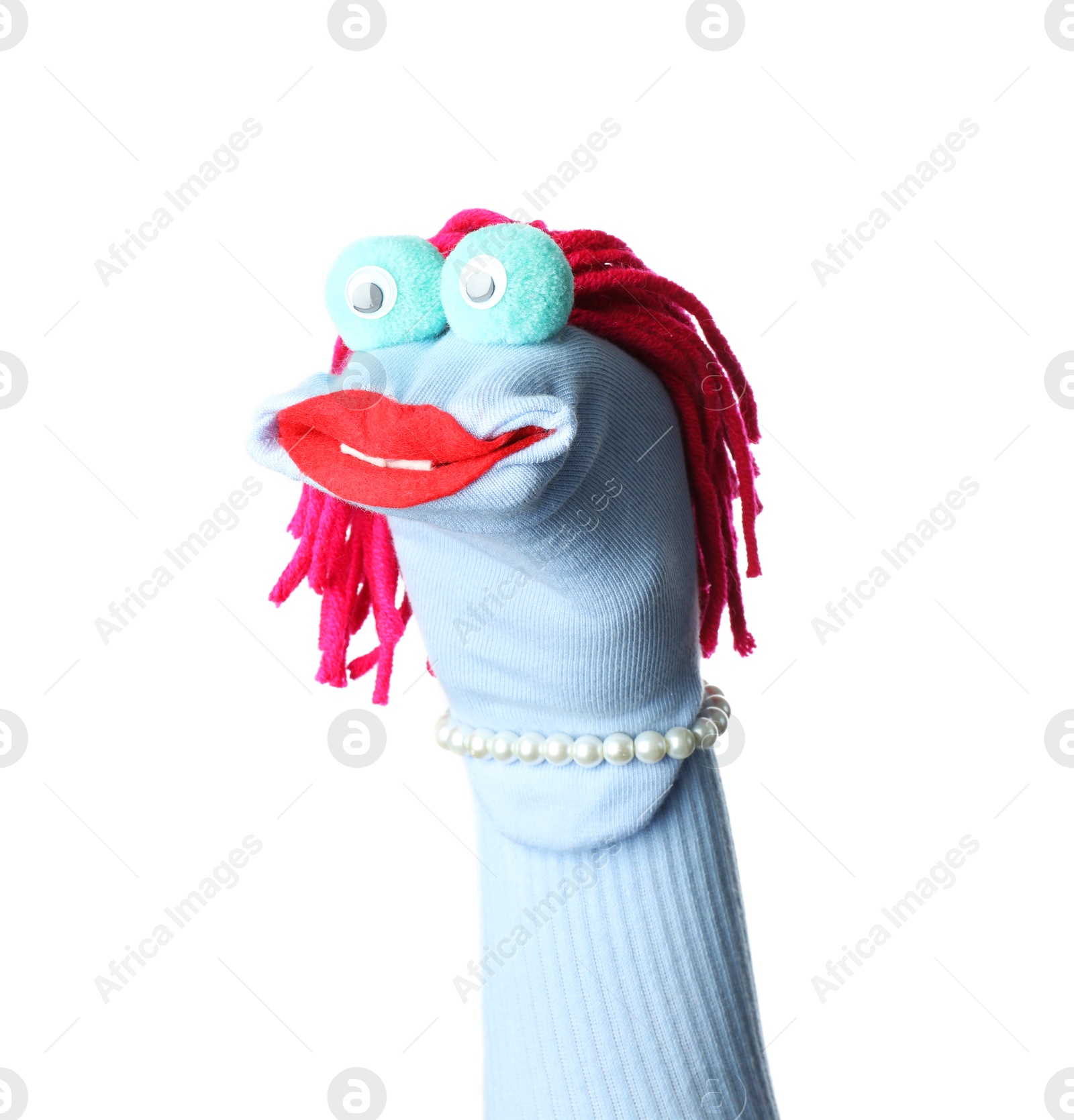 Funny sock puppet with hair isolated on white Photo of Funny sock puppet with hair isolated on white