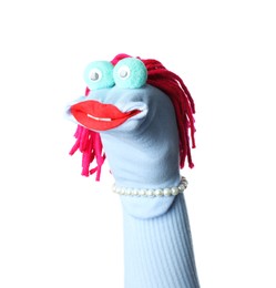 Photo of Funny sock puppet with hair isolated on white