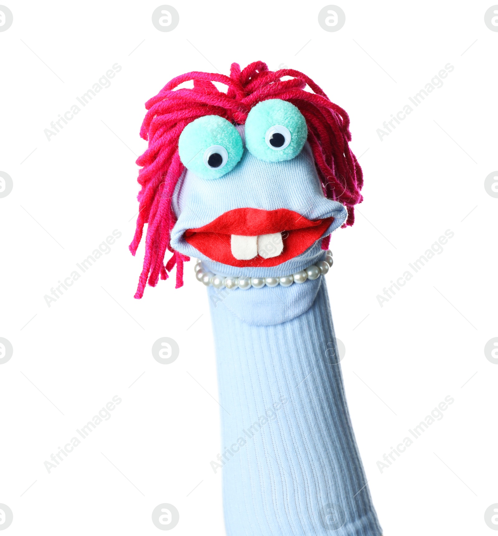 Funny sock puppet with hair isolated on white Photo of Funny sock puppet with hair isolated on white