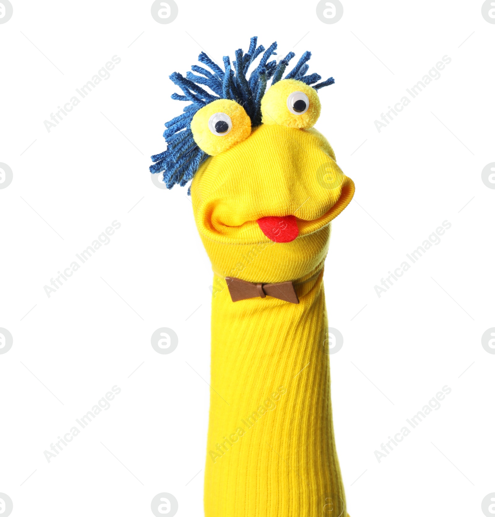 Funny sock puppet with hair isolated on white Photo of Funny sock puppet with hair isolated on white
