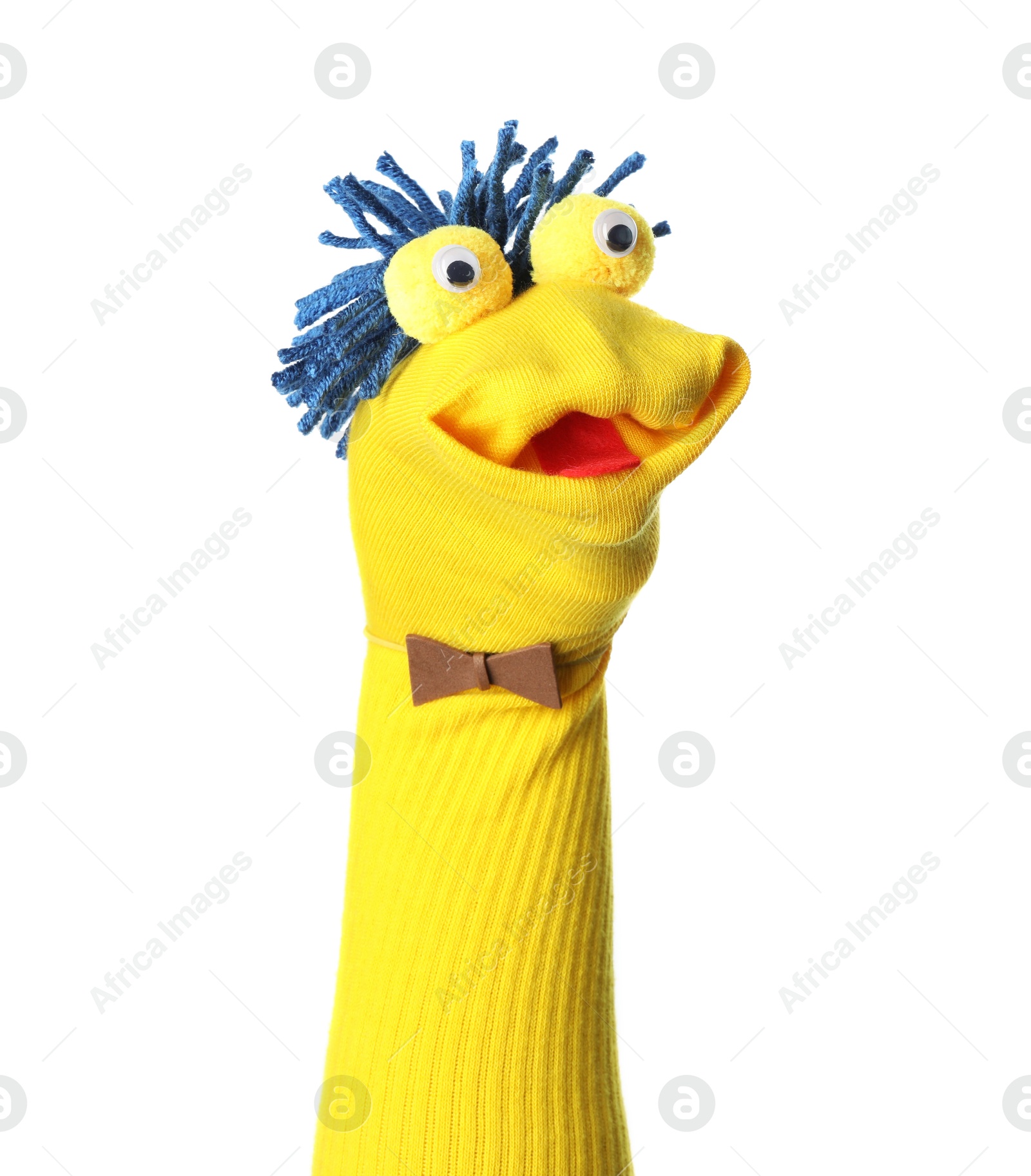 Funny sock puppet with hair isolated on white Photo of Funny sock puppet with hair isolated on white