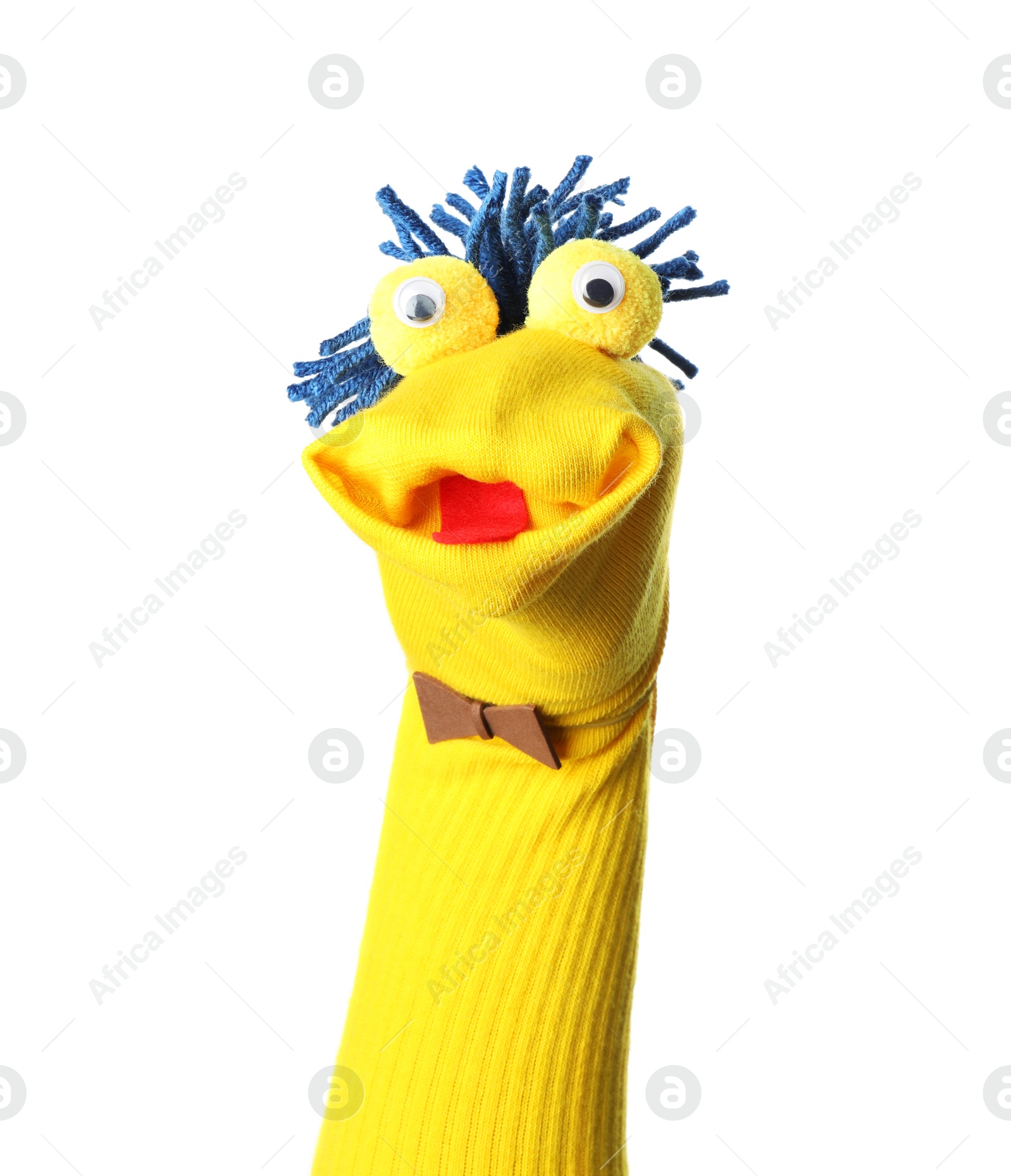 Funny sock puppet with hair isolated on white Photo of Funny sock puppet with hair isolated on white