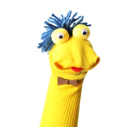 Photo of Funny sock puppet with hair isolated on white
