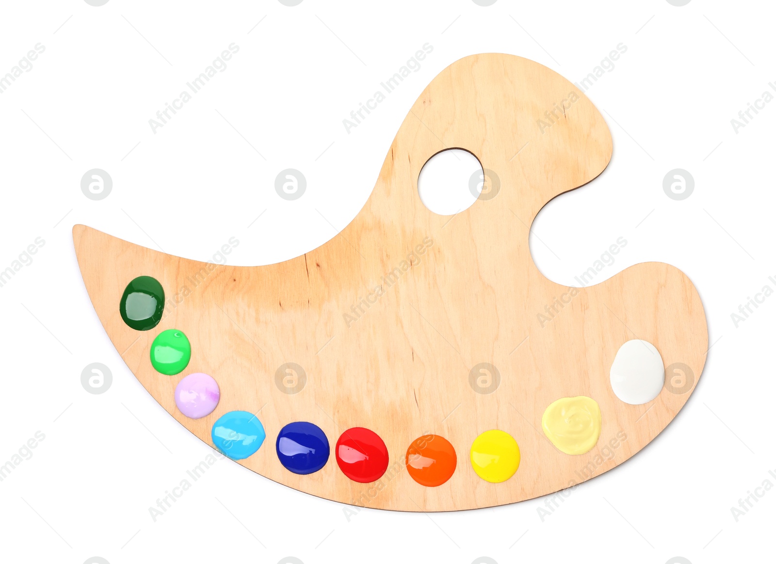 Photo of Wooden palette with paints isolated on white, top view