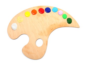 Photo of Wooden palette with paints isolated on white, top view