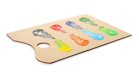 Photo of Wooden palette with paints isolated on white
