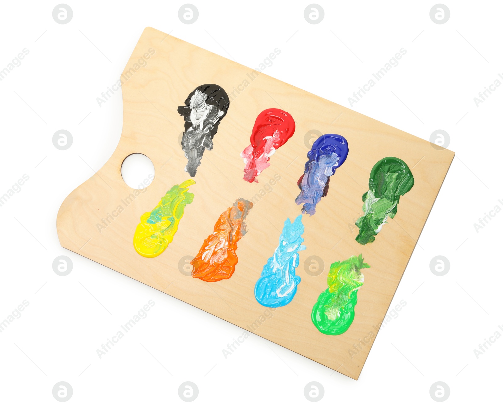 Photo of Wooden palette with paints isolated on white, top view