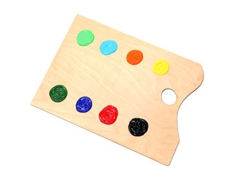 Photo of Wooden palette with paints isolated on white, top view
