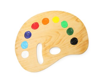Photo of Wooden palette with paints isolated on white, top view
