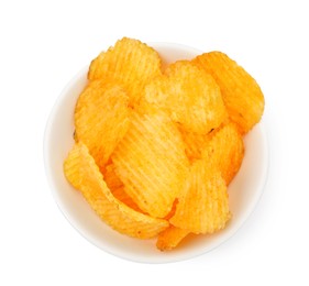 Photo of Tasty ridged chips in bowl isolated on white, top view