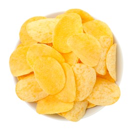 Photo of Tasty chips in bowl isolated on white, top view