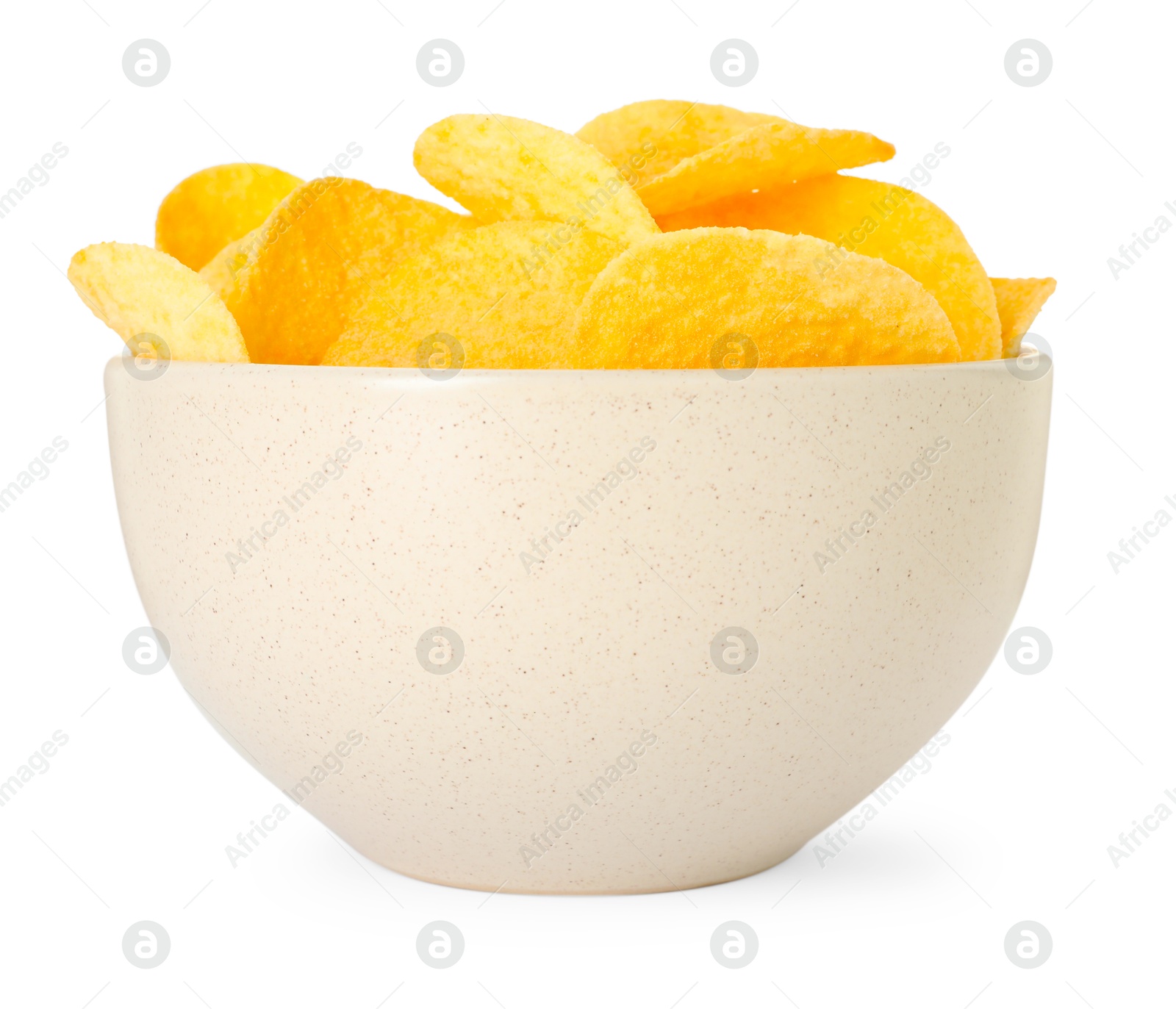 Tasty chips in bowl isolated on white Photo of Tasty chips in bowl isolated on white