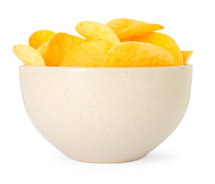 Photo of Tasty chips in bowl isolated on white
