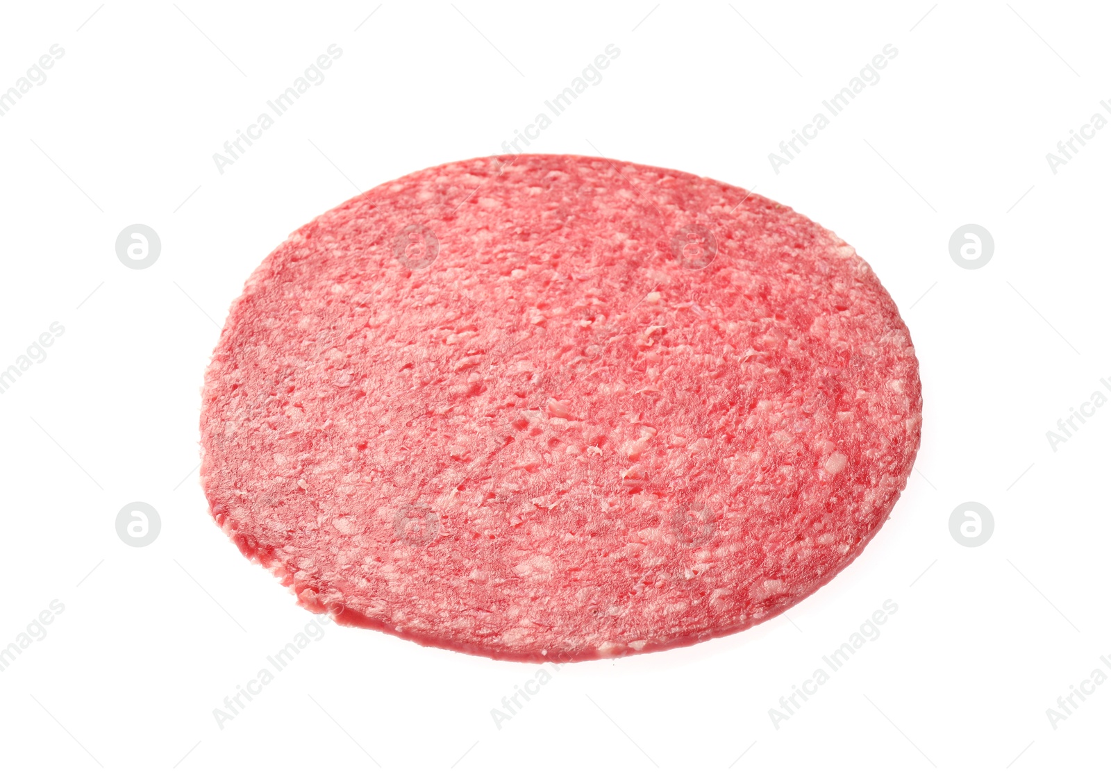 Slice of tasty smoked sausage isolated on white Photo of Slice of tasty smoked sausage isolated on white