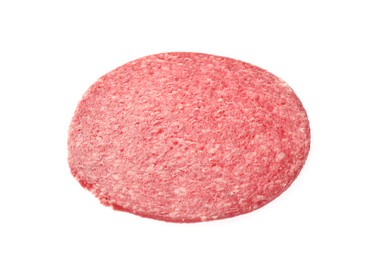 Photo of Slice of tasty smoked sausage isolated on white