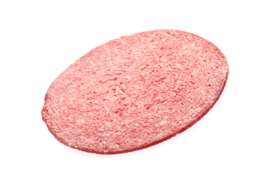 Photo of Slice of tasty smoked sausage isolated on white