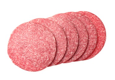 Photo of Slices of tasty smoked sausage isolated on white, top view