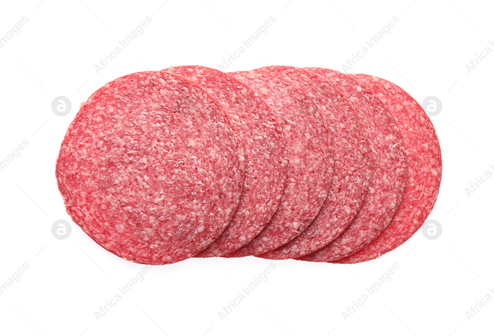 Slices of tasty smoked sausage isolated on white, top view Photo of Slices of tasty smoked sausage isolated on white, top view