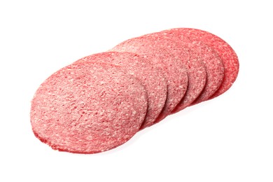 Photo of Slices of tasty smoked sausage isolated on white