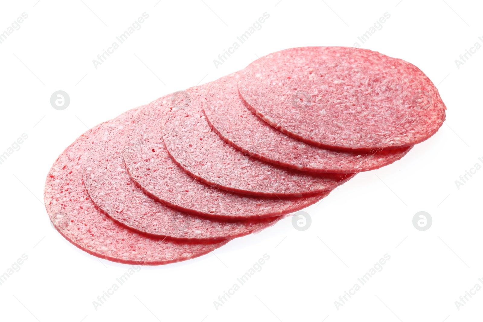 Photo of Slices of tasty smoked sausage isolated on white