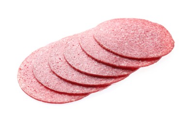Photo of Slices of tasty smoked sausage isolated on white