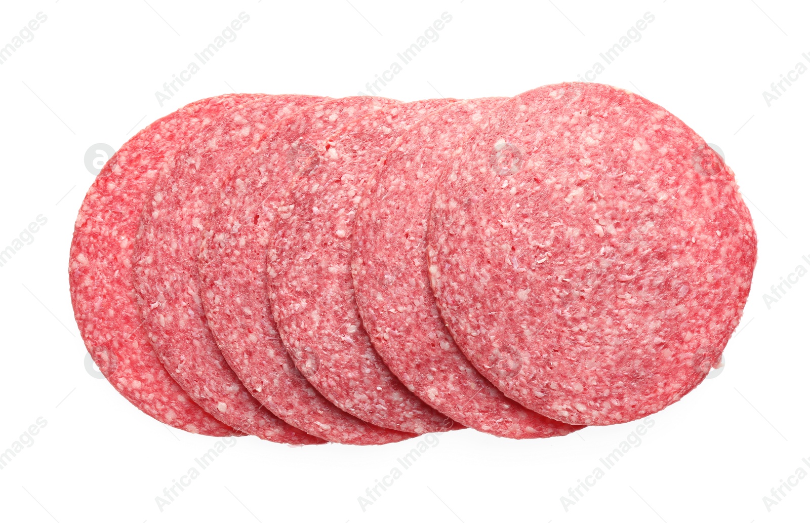 Photo of Slices of tasty smoked sausage isolated on white, top view