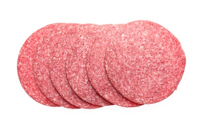 Photo of Slices of tasty smoked sausage isolated on white, top view