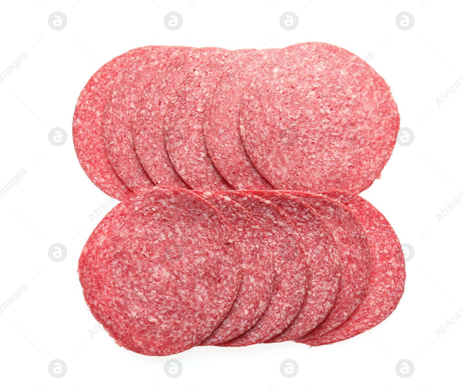 Slices of tasty smoked sausage isolated on white, top view Photo of Slices of tasty smoked sausage isolated on white, top view