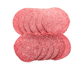 Photo of Slices of tasty smoked sausage isolated on white, top view