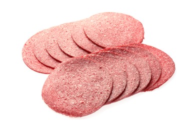Photo of Slices of tasty smoked sausage isolated on white
