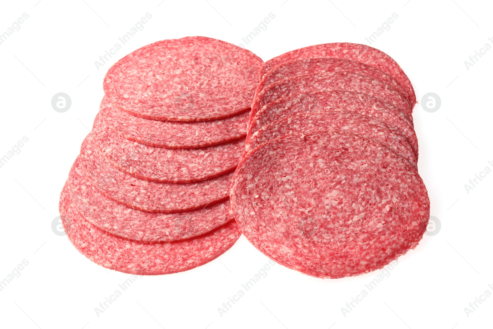 Slices of tasty smoked sausage isolated on white Photo of Slices of tasty smoked sausage isolated on white