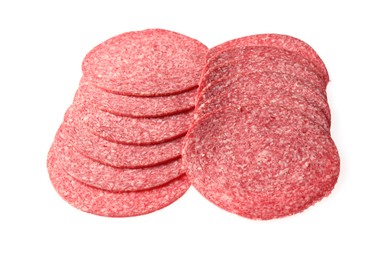 Photo of Slices of tasty smoked sausage isolated on white