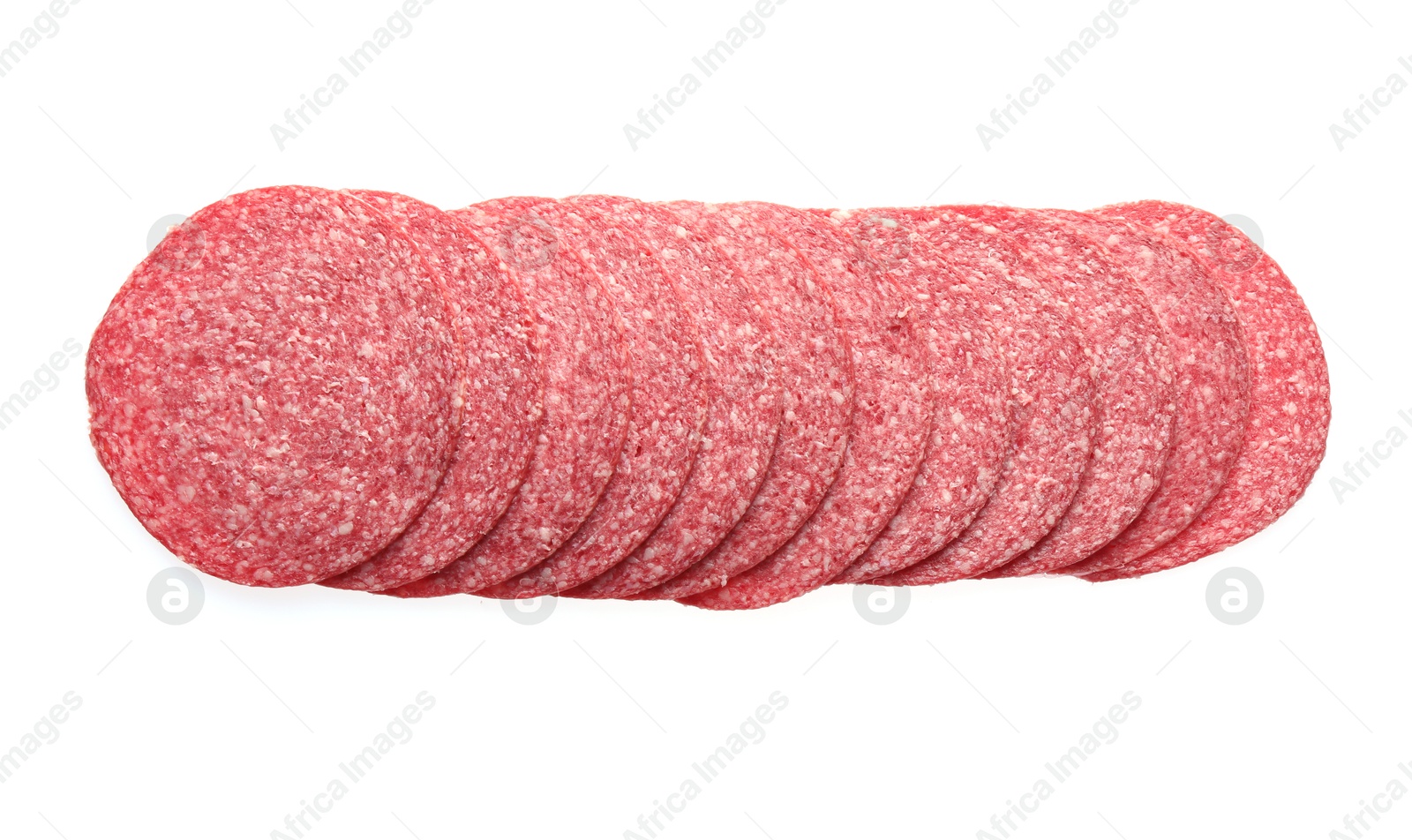 Slices of tasty smoked sausage isolated on white, top view Photo of Slices of tasty smoked sausage isolated on white, top view