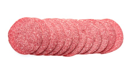 Photo of Slices of tasty smoked sausage isolated on white, top view