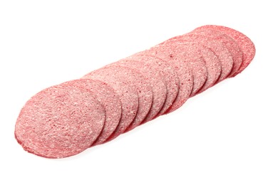 Photo of Slices of tasty smoked sausage isolated on white