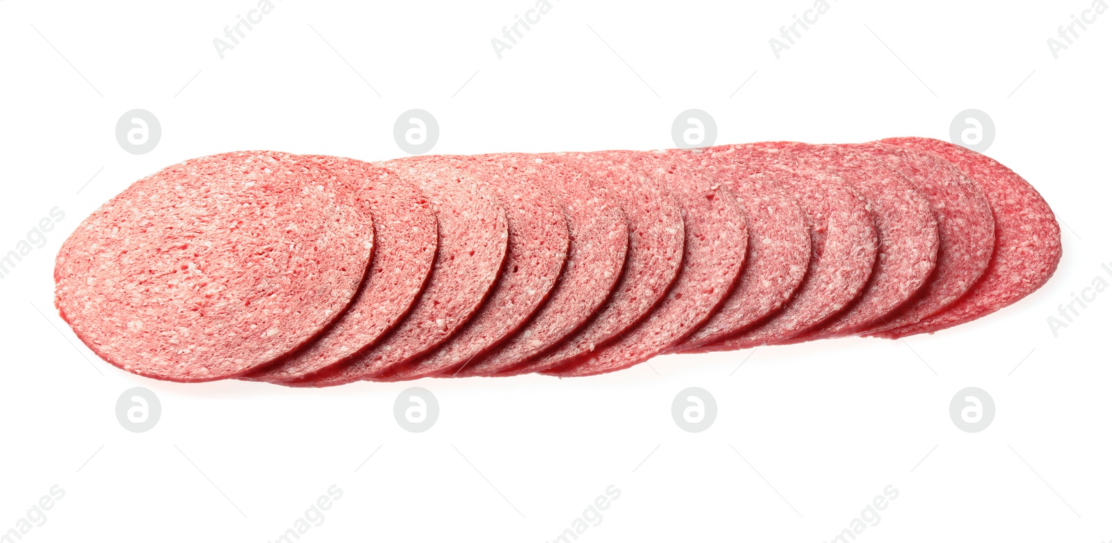 Slices of tasty smoked sausage isolated on white Photo of Slices of tasty smoked sausage isolated on white