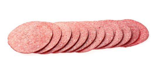Photo of Slices of tasty smoked sausage isolated on white